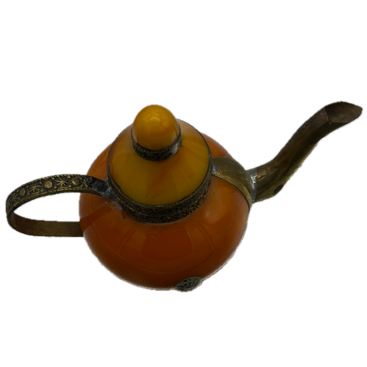 Small Orange Teapot with Brass Embellishments