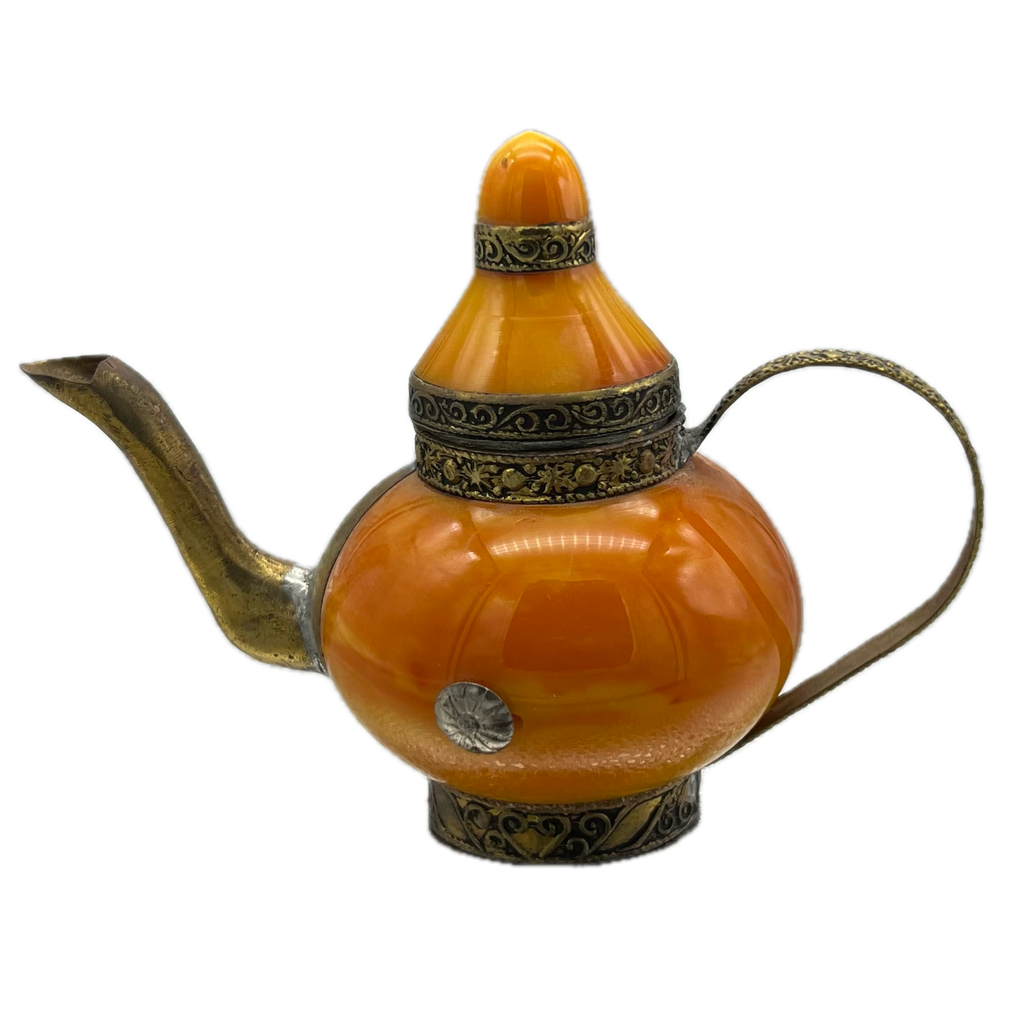Small Orange Teapot with Brass Embellishments