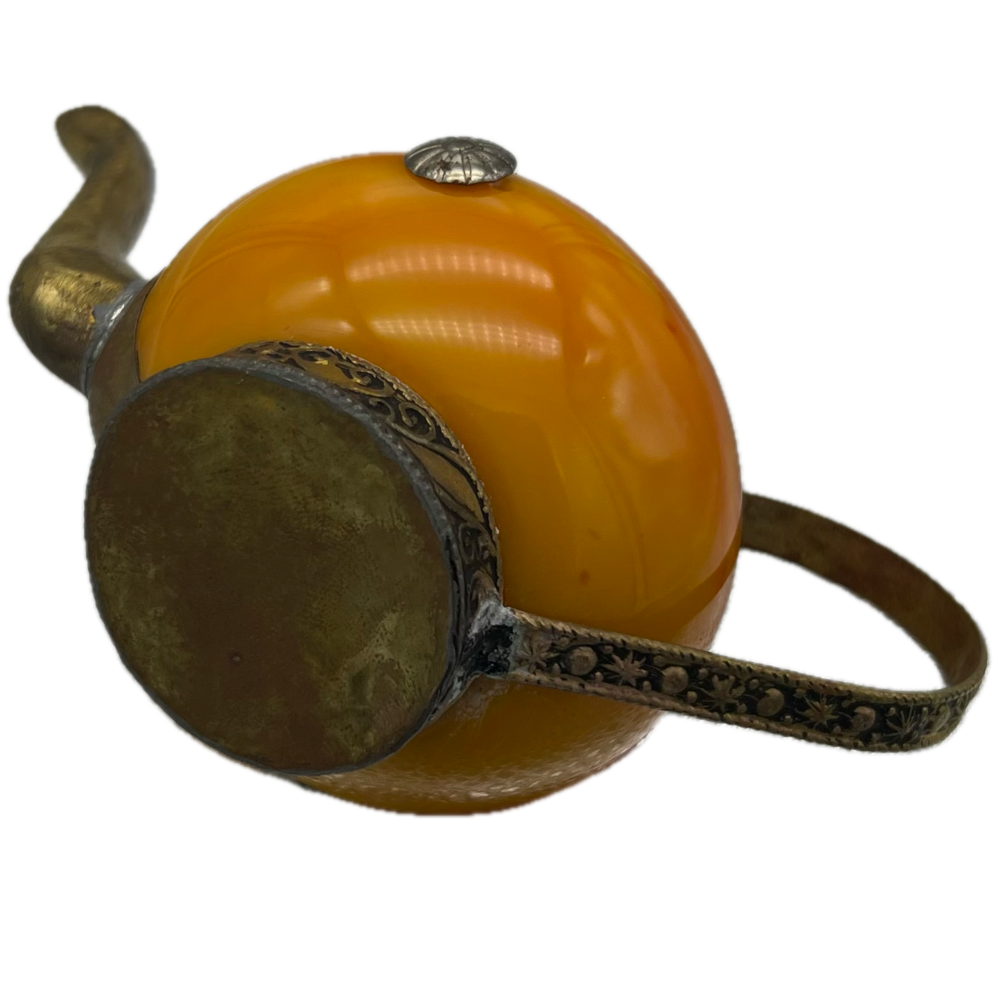 Small Orange Teapot with Brass Embellishments