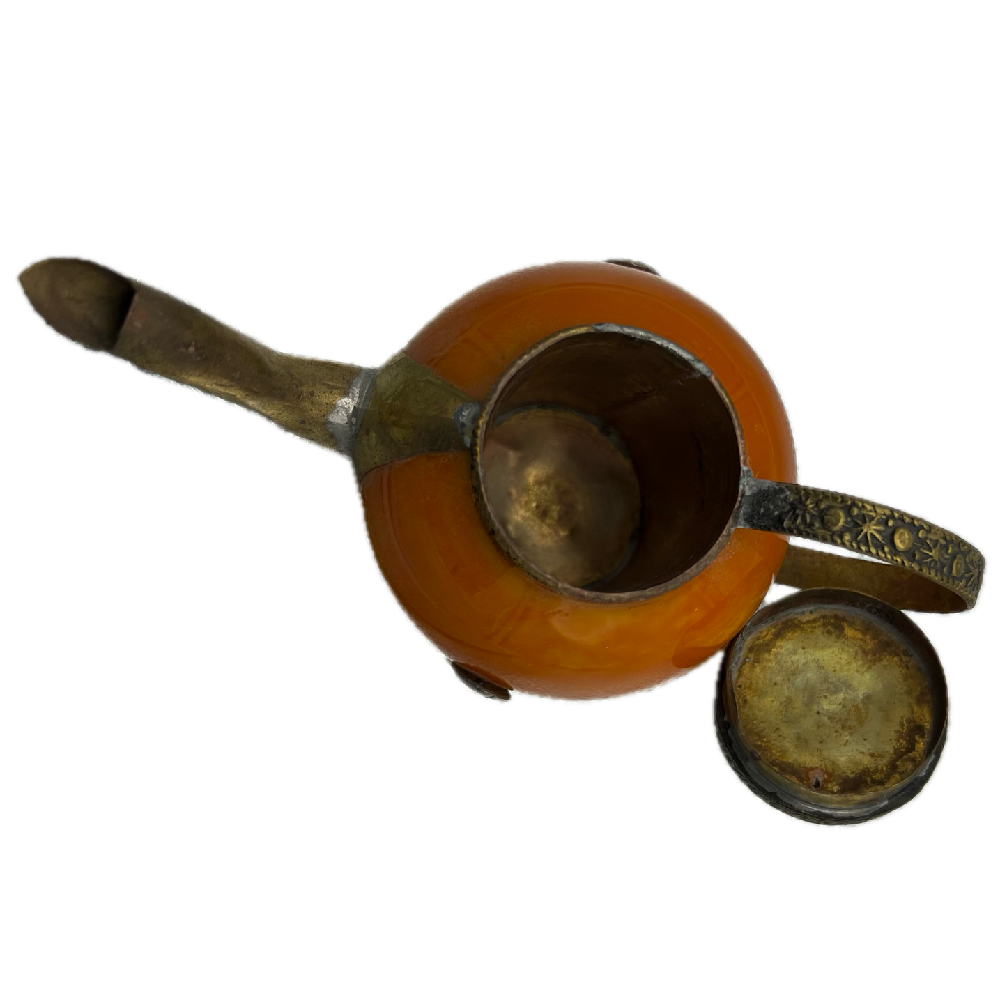Small Orange Teapot with Brass Embellishments