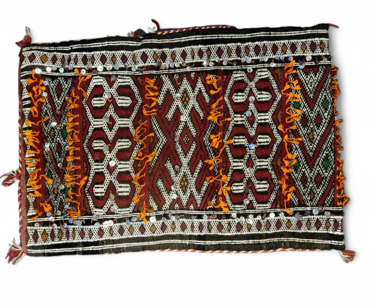 Vintage Sequined Moroccan Berber Pillow Kilim Tribal Cushion