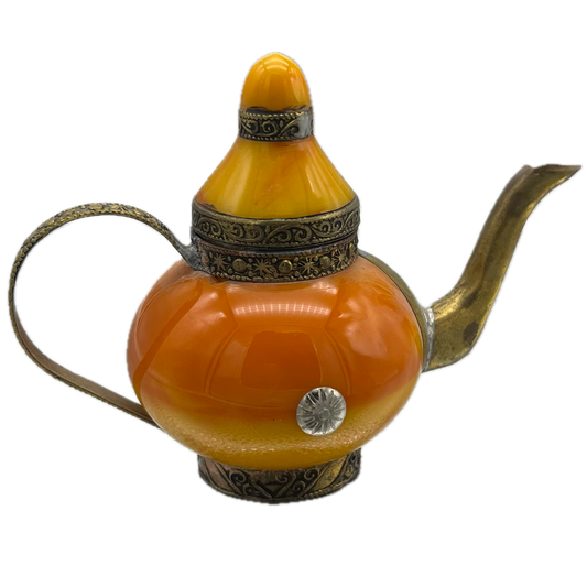 Small Orange Teapot with Brass Embellishments